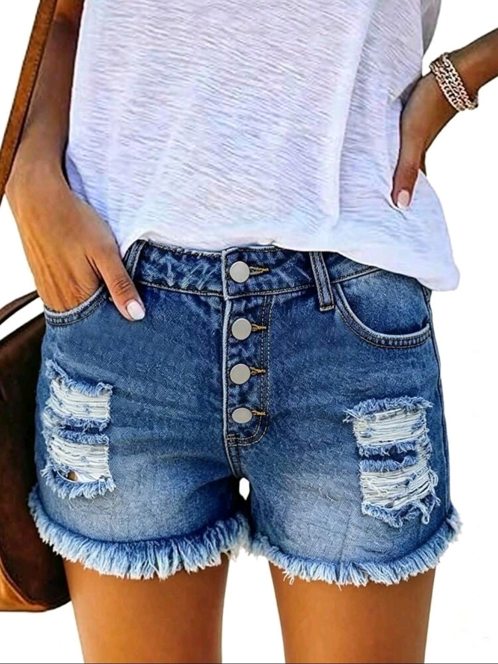 SHEIN Women's 3" Distressed High-Waist Button-Fly Jean Shorts - Lg